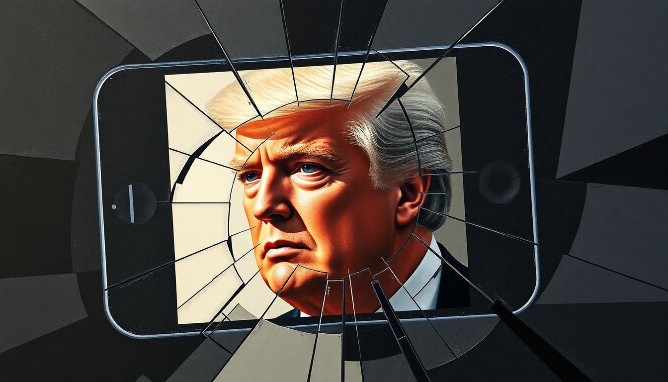 A fragmented, abstract painting depicting a distorted face on a broken smartphone screen, conceptually representing the spread of misinformation and hateful content on social media platforms.