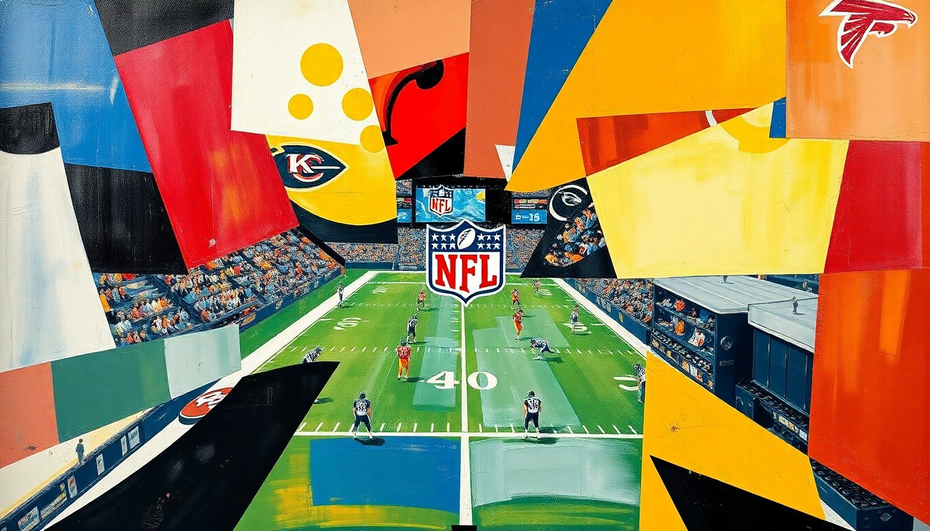 A cubist, geometric painting depicting an abstract NFL football game, with overlapping planes of color and shape representing the dynamic action on the field.