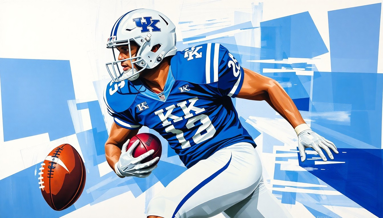 A cubist-style painting depicting a college football player in motion, broken down into sharp, overlapping geometric shapes in Kentucky's blue and white colors, conveying the idea of versatility and adaptability in the team's recruiting strategy.