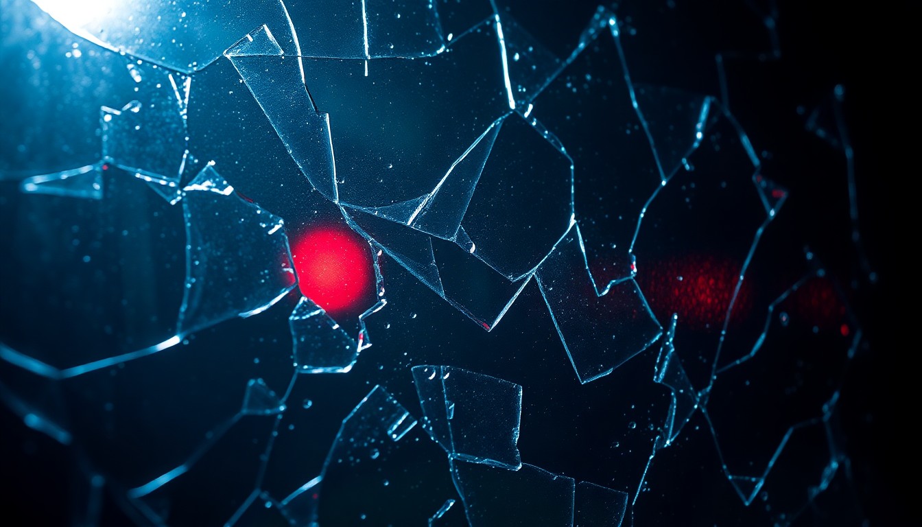 An extreme close-up photograph of shattered glass reflecting a faint red light, conceptually representing the high-stakes, gritty world of a crime thriller.