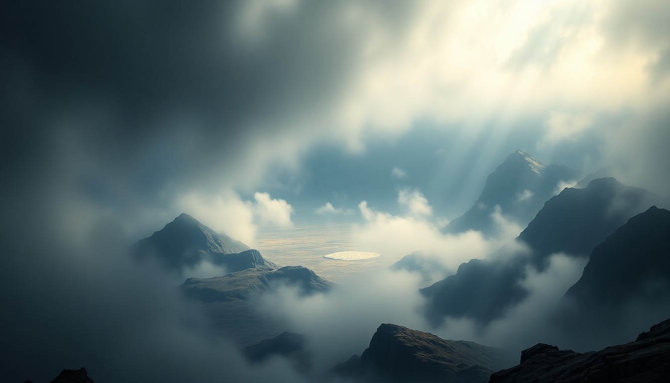 A sweeping, atmospheric landscape painting in muted tones of grey, blue, and green, capturing the vast, sublime scale of the natural environment on Catalina Island. The scene is shrouded in heavy fog, obscuring any physical remnants of the plane crash and emphasizing the overwhelming power of the natural world.
