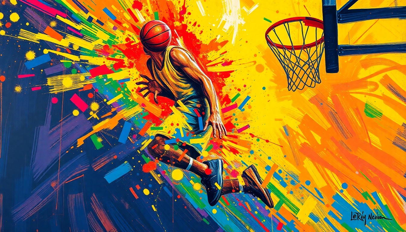 An abstract, expressionist painting in vibrant neon colors depicting the dynamic motion and energy of a basketball player driving to the hoop, with the player's figure and the ball dissolving into colorful brushstrokes.