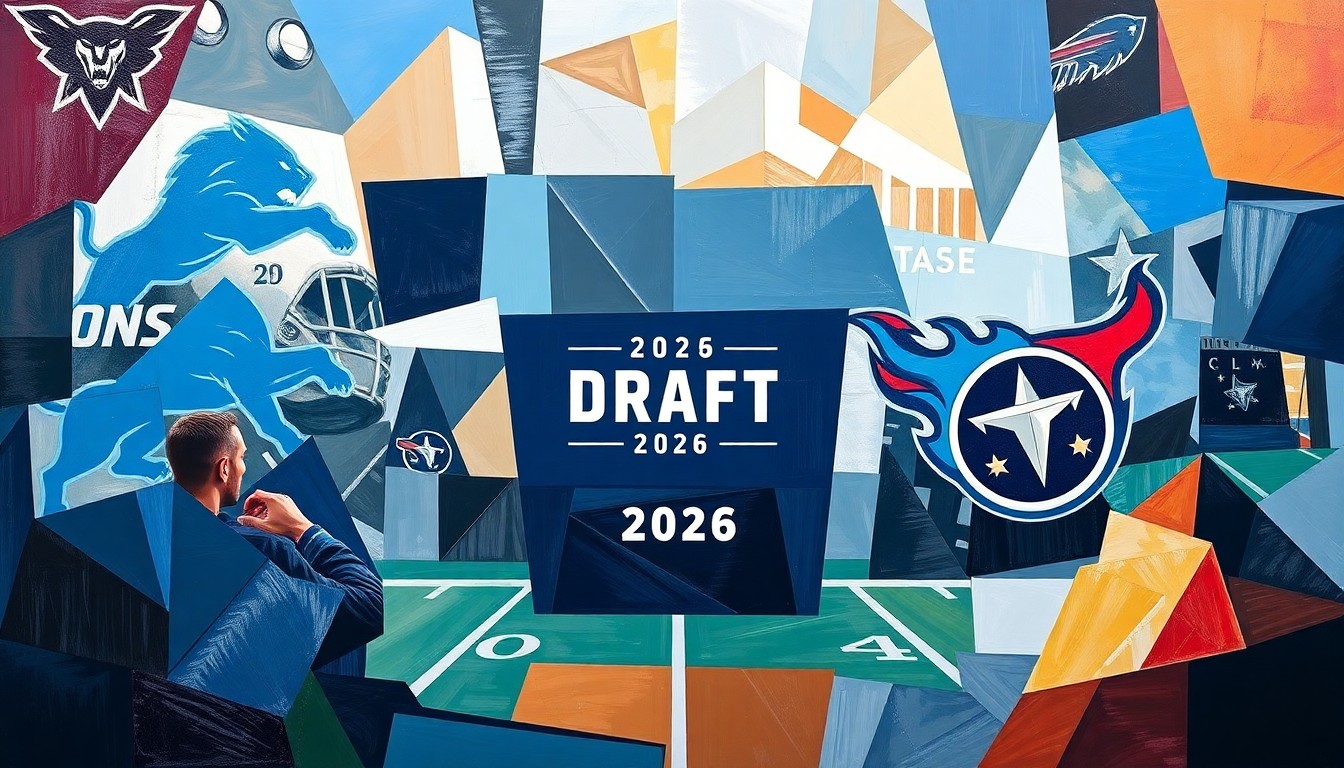 A cubist, geometric painting depicting an abstract NFL Draft scene, with sharp, overlapping planes of color representing the different teams and the chaotic energy of the event.