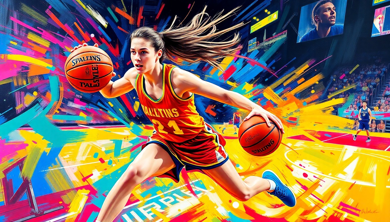 A vibrant, expressionist painting featuring bold, neon-colored brushstrokes that capture the raw energy and power of a basketball player in motion, conceptually representing Hailey Van Lith's viral workout transformation and her impact as a rising WNBA star.