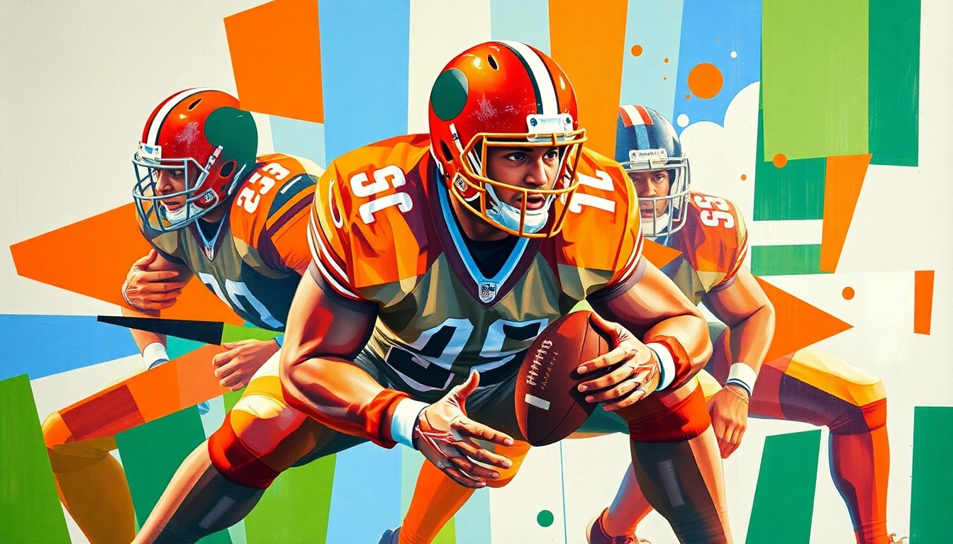 A fragmented, geometric painting depicting the dynamic movements of a football offensive lineman, with sharp planes of vibrant orange, blue, and green colors colliding to capture the raw energy of the sport.
