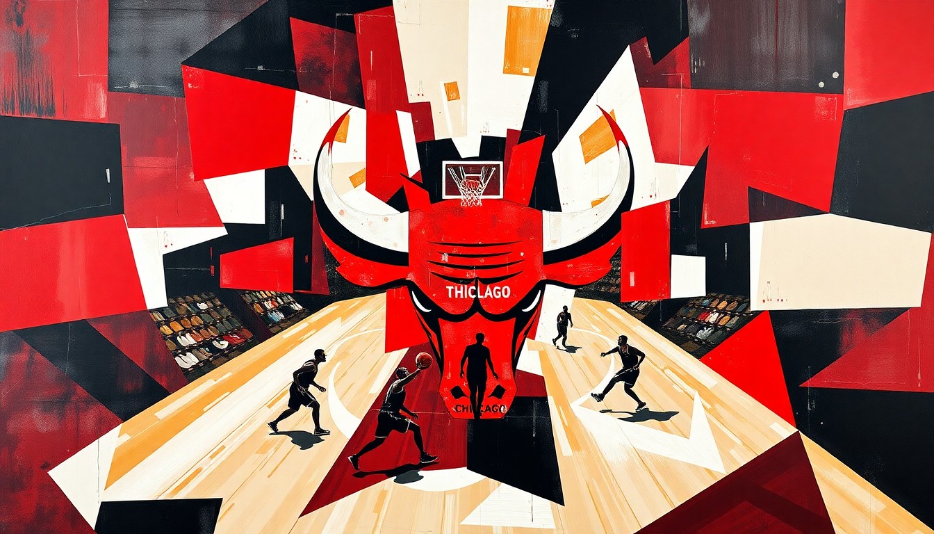 A fragmented, geometric painting in bold red, white, and black colors, depicting the motion and intensity of a basketball game through Cubist-style overlapping shapes and planes.