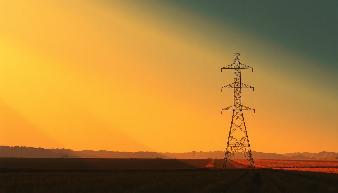 A photorealistic oil painting depicting a lone high-voltage transmission tower standing tall in a peaceful rural landscape, with the tower's shadow stretching across the foreground and the warm glow of the sun casting a nostalgic mood over the scene.