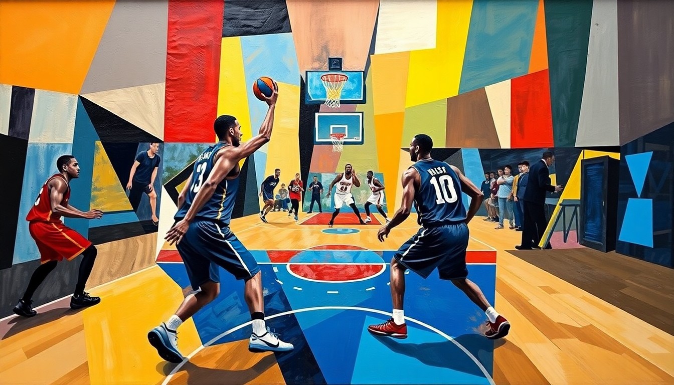 A fragmented, cubist-style painting depicting a basketball game, with the players and court broken down into sharp, overlapping geometric shapes in a dynamic, multi-perspective composition.