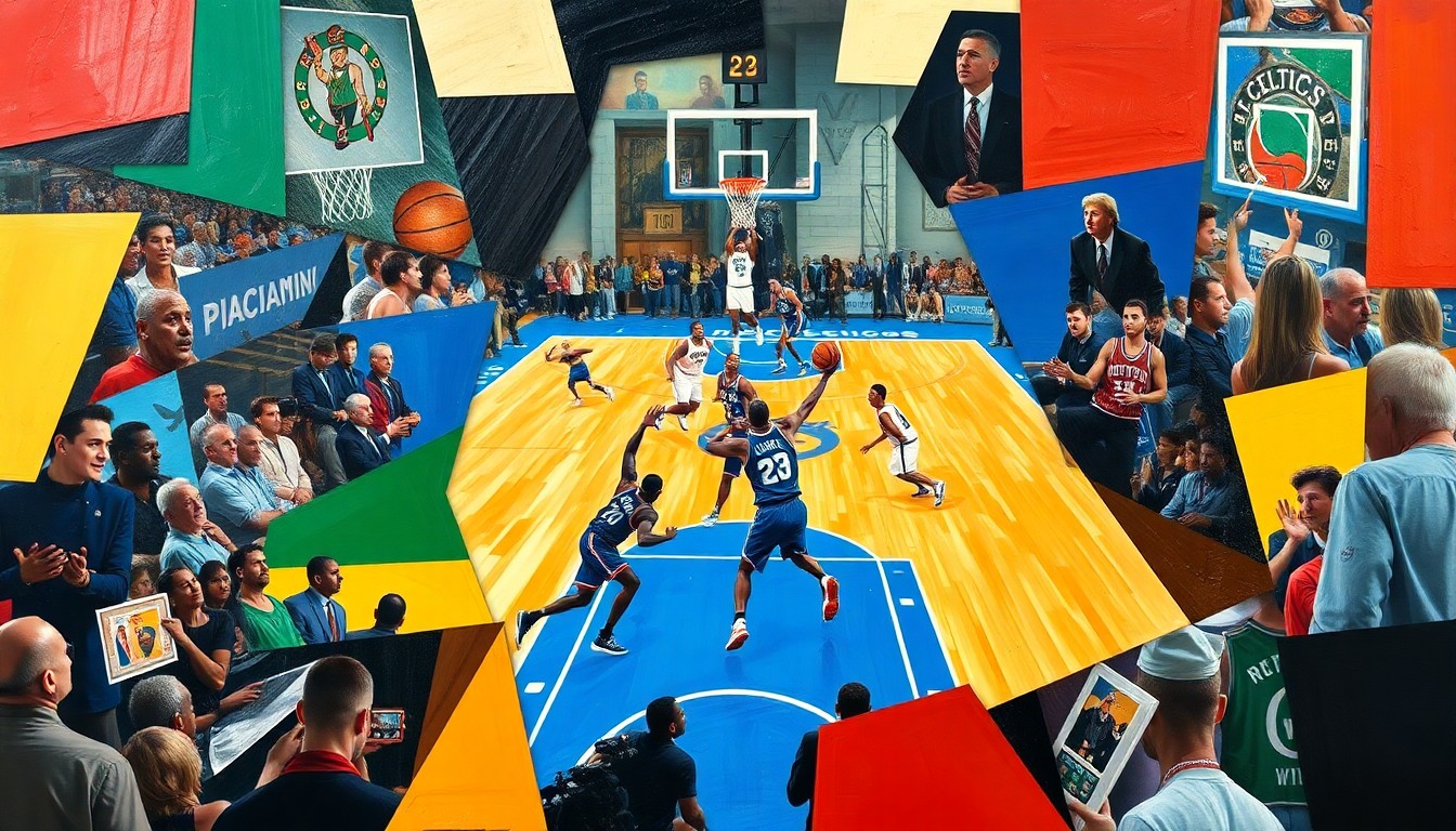 A fractured, multi-perspective painting depicting a basketball game between the New York Knicks and Boston Celtics, with the players' movements and the energy of the game captured through sharp, overlapping geometric planes in a cubist style.