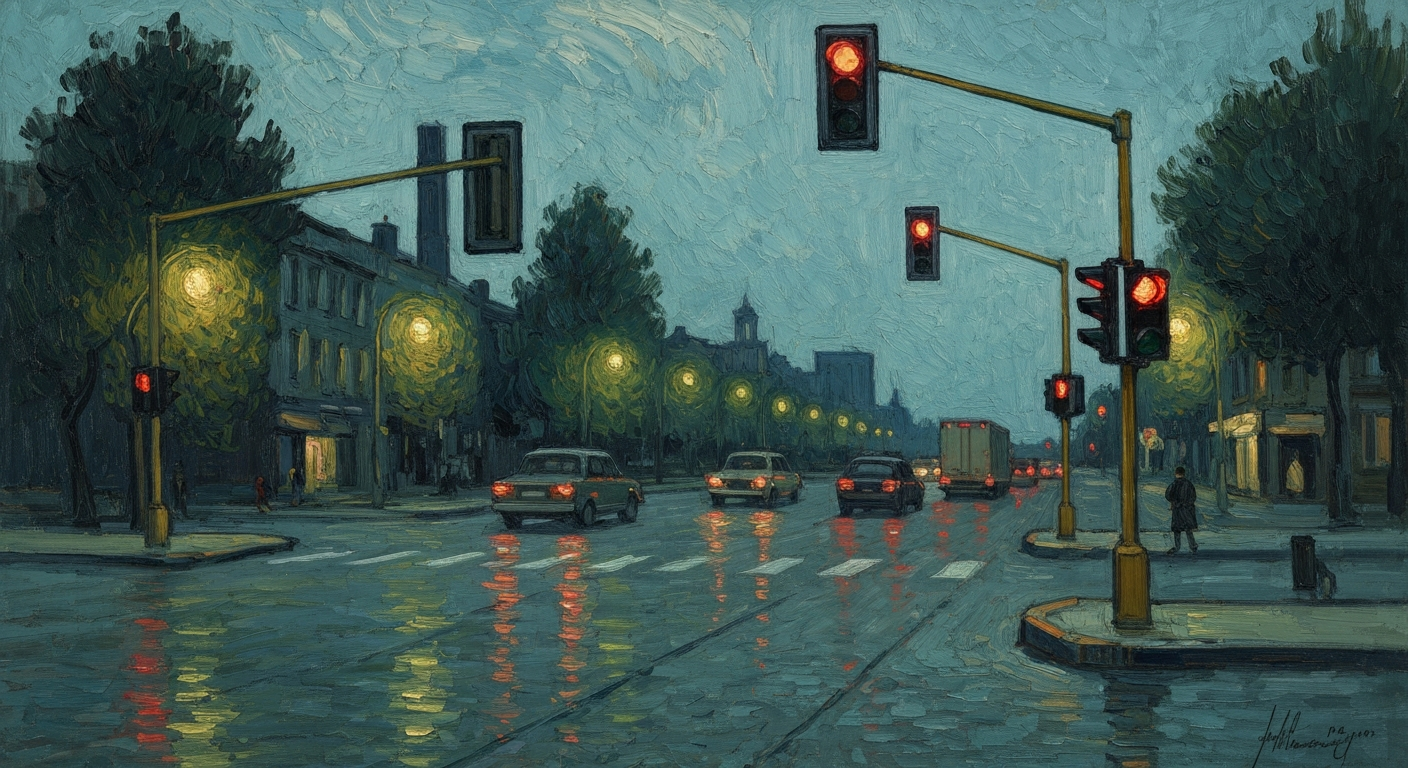 A heavily textured oil painting in muted tones of blue, green, and orange, depicting a deserted intersection with a few cars stopped at a broken traffic light, conveying the disruption caused by the unexpected closure.