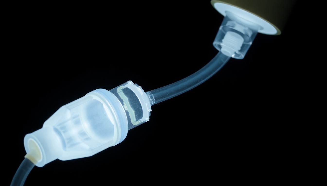 An extreme close-up photograph of a child's feeding tube or medical device, lit by a harsh, direct camera flash against a pitch-black background, conceptually representing the medical equipment at the center of an alleged abuse case.