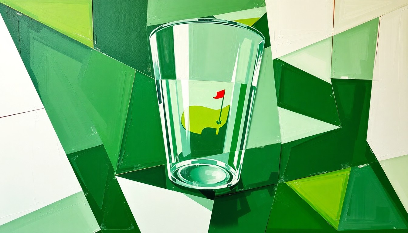 A fragmented, geometric painting depicting overlapping shapes and planes of green, clear, and white, conceptually representing the Masters Tournament's switch to clear plastic cups for certain beers due to foaming issues with the traditional green souvenir cups.
