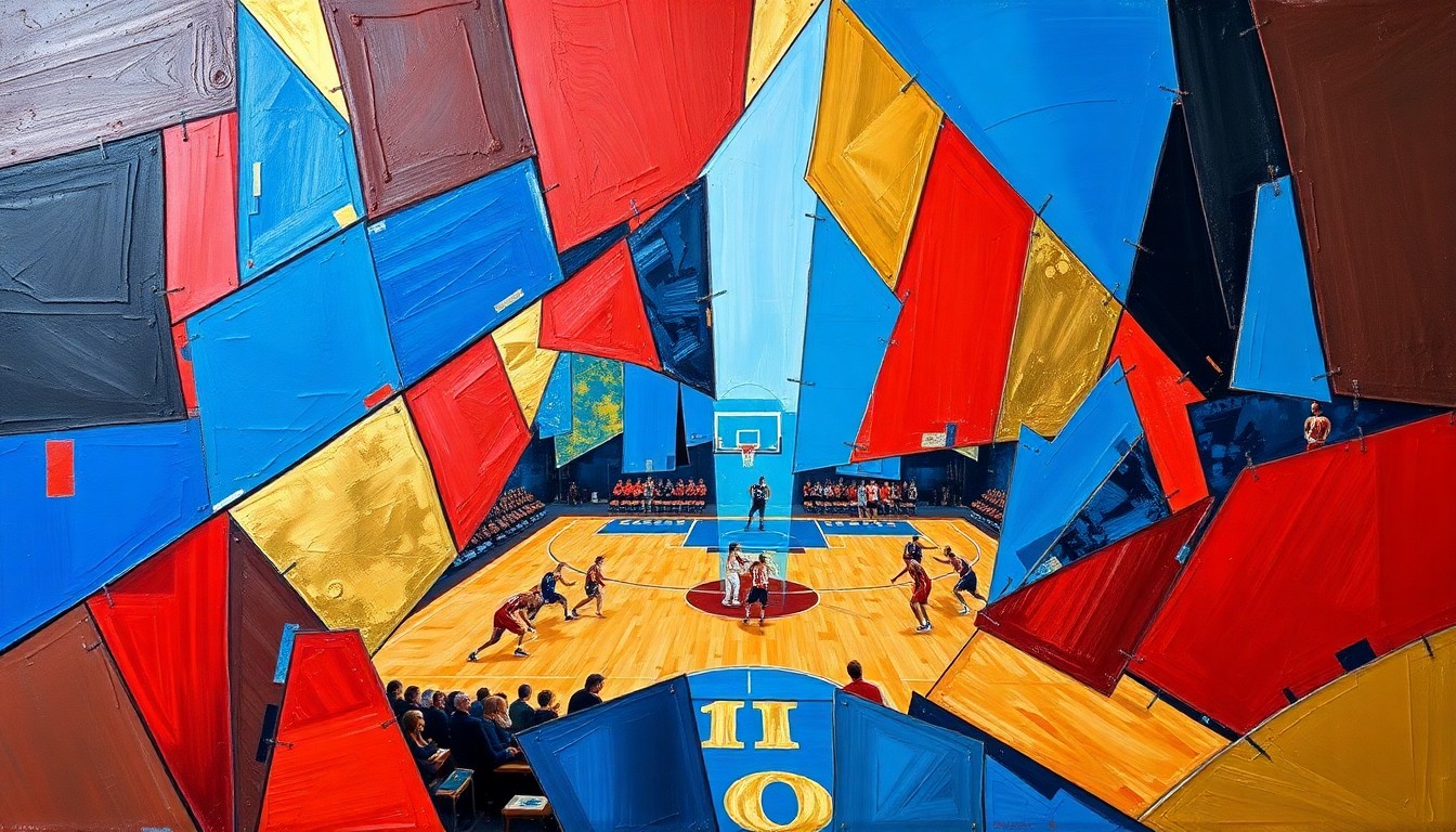 A fragmented, cubist-style painting depicting a basketball game or match, with sharp geometric shapes and planes in bold colors like blue, red, and gold, conceptually representing the complex strategic decisions facing the Bulls as their season winds down.