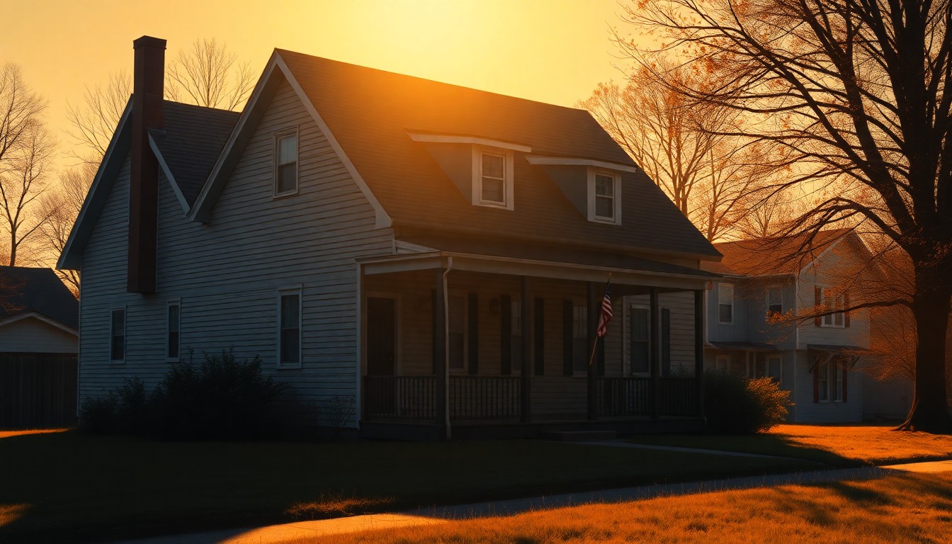A serene, nostalgic painting of an older Iowa home with a well-manicured lawn, bathed in warm, golden sunlight and deep shadows, conveying the property tax challenges faced by long-time residents.