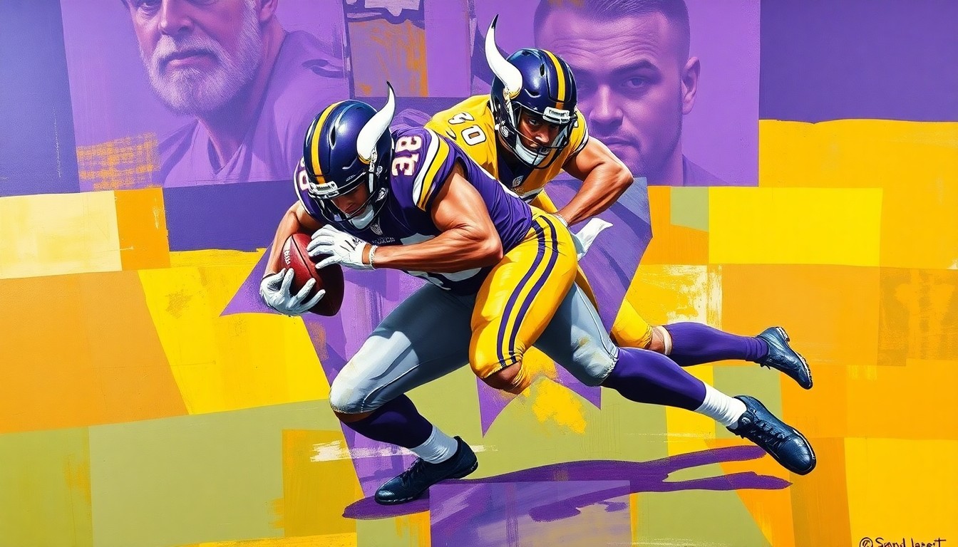 A fragmented, geometric painting depicting a football player in motion, with sharp planes of purple and gold representing the Minnesota Vikings' colors. The abstract style captures the dynamic action of the sport.