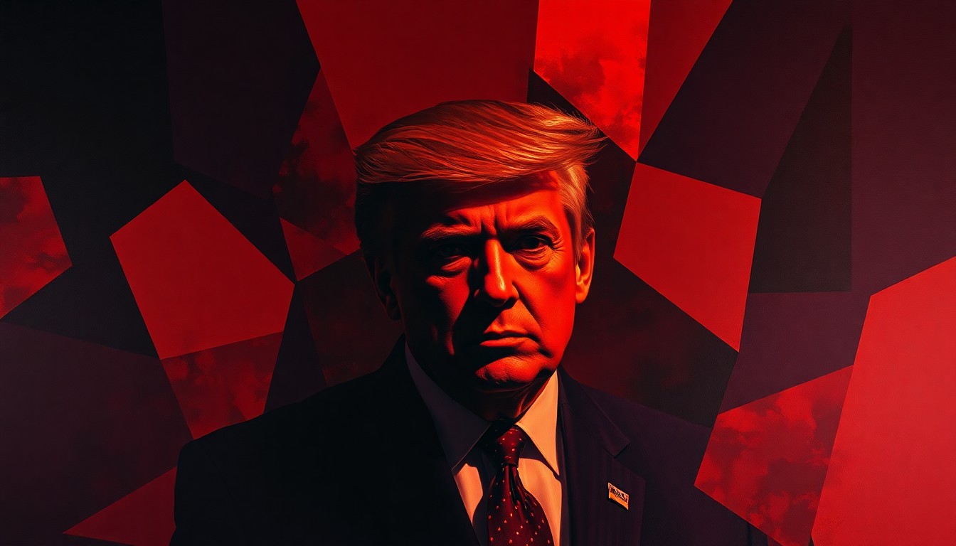 A heavily textured, abstract painting in dark red, orange, and purple hues, depicting a fragmented, distorted figure representing the former president, conveying a sense of turmoil and fracture.