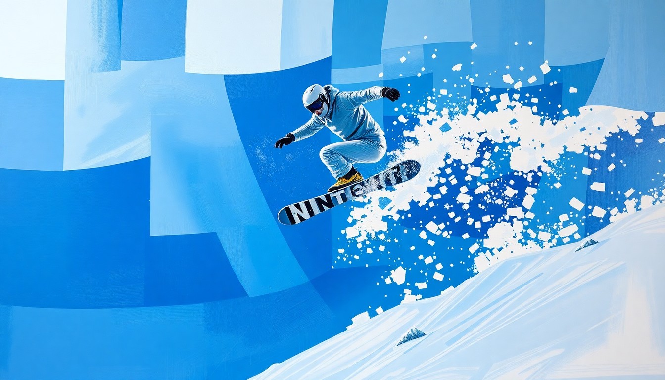 A fractured, multi-perspective painting depicting a snowboarder mid-jump, broken down into sharp, overlapping geometric planes in a palette of icy blues, snowy whites, and metallic silvers, conceptually representing the heartbreak of narrowly missing an Olympic berth.