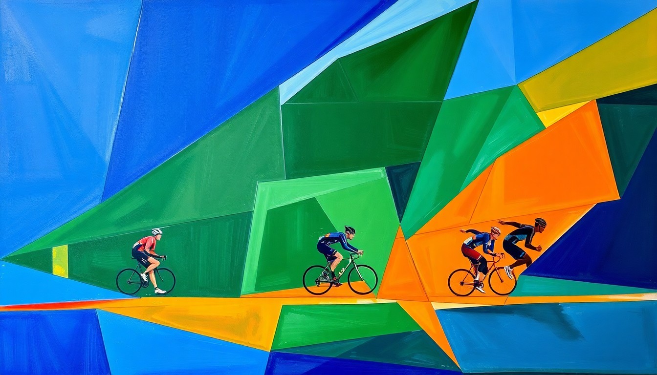 A cubist, geometric painting depicting an abstract triathlon scene with overlapping planes of color in shades of blue, green, and orange.
