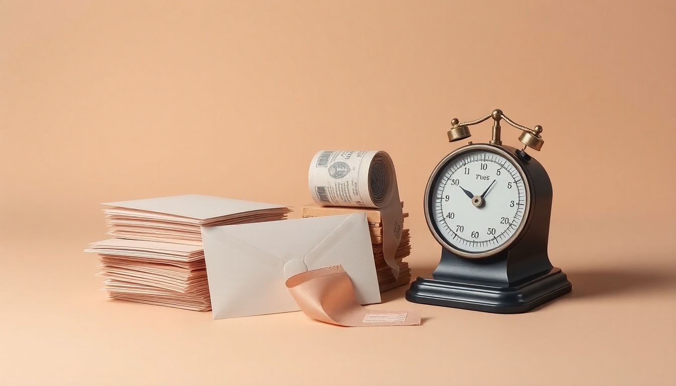 A high-end, photorealistic studio still-life photograph featuring a stack of envelopes, a roll of stamps, and a vintage postal scale, all arranged elegantly on a clean, monochromatic seamless background, conceptually representing the abstract corporate strategy and financial challenges facing the United States Postal Service.