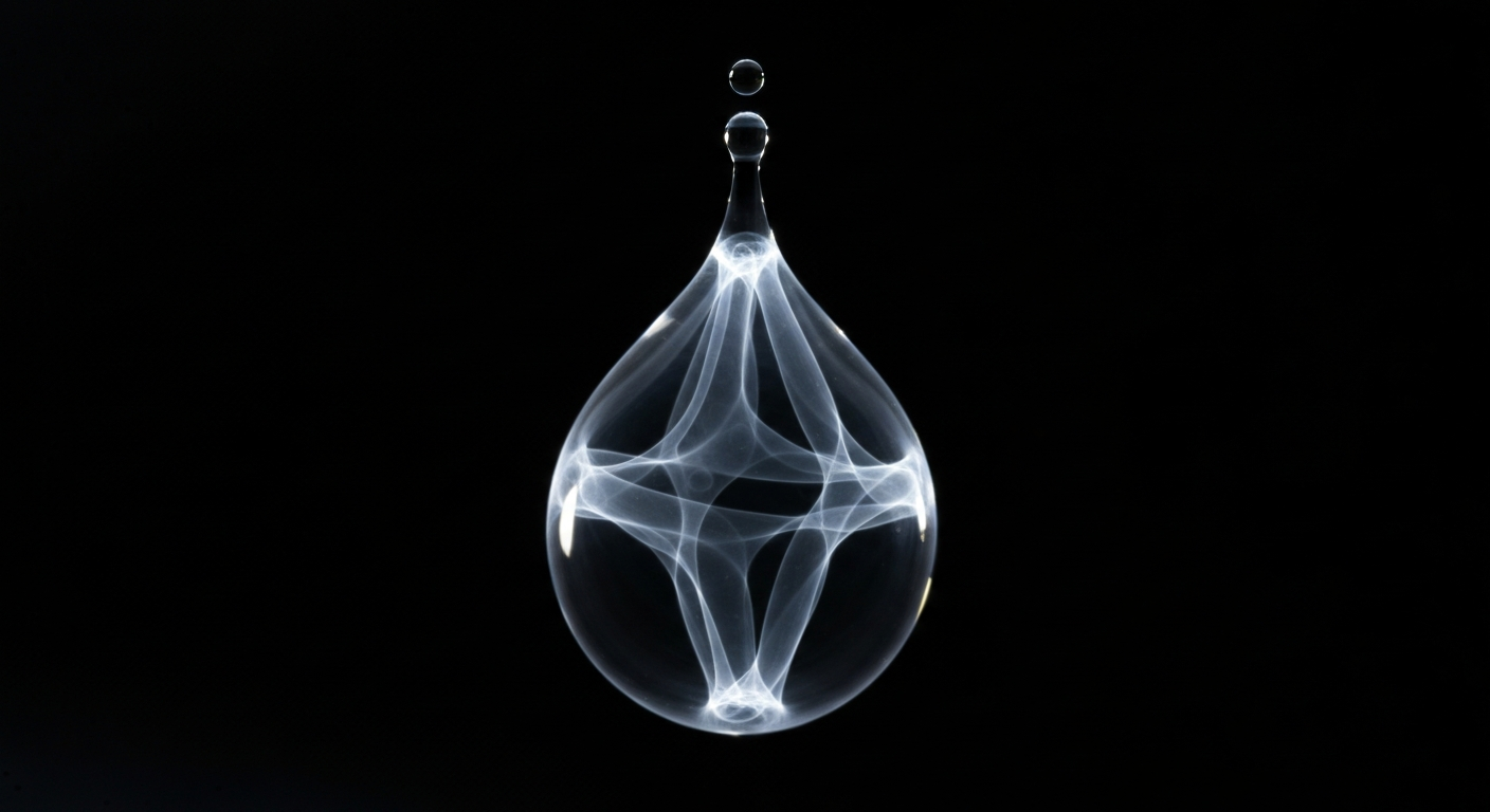 An abstract, ghostly X-ray image of a water droplet, its internal structures and molecules visible as glowing lines, conveying the scientific and technical nature of the water quality testing program.