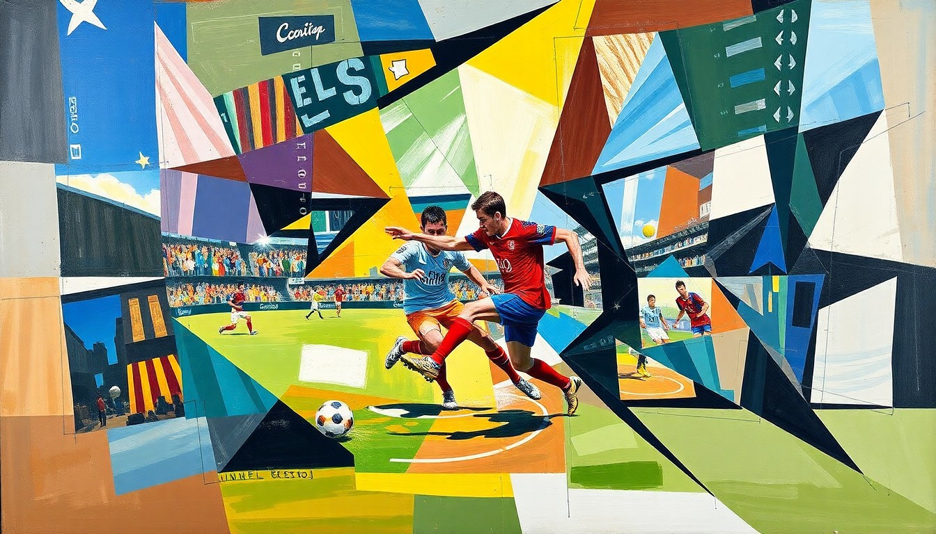 A cubist-style painting depicting a soccer match or competition, with the players and field broken down into sharp, overlapping geometric shapes and planes, conveying the fragmented and disjointed nature of Sesko's performances.
