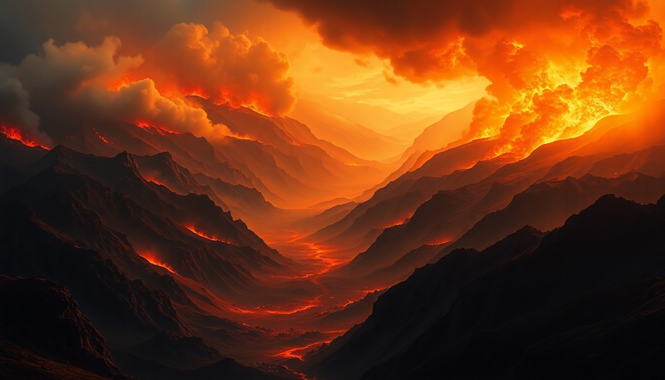 A vast, majestic landscape painting depicting a raging wildfire burning through a rugged, mountainous terrain, with the flames and smoke dwarfing any physical structures or human figures, conveying the overwhelming, sublime scale of the natural disaster.