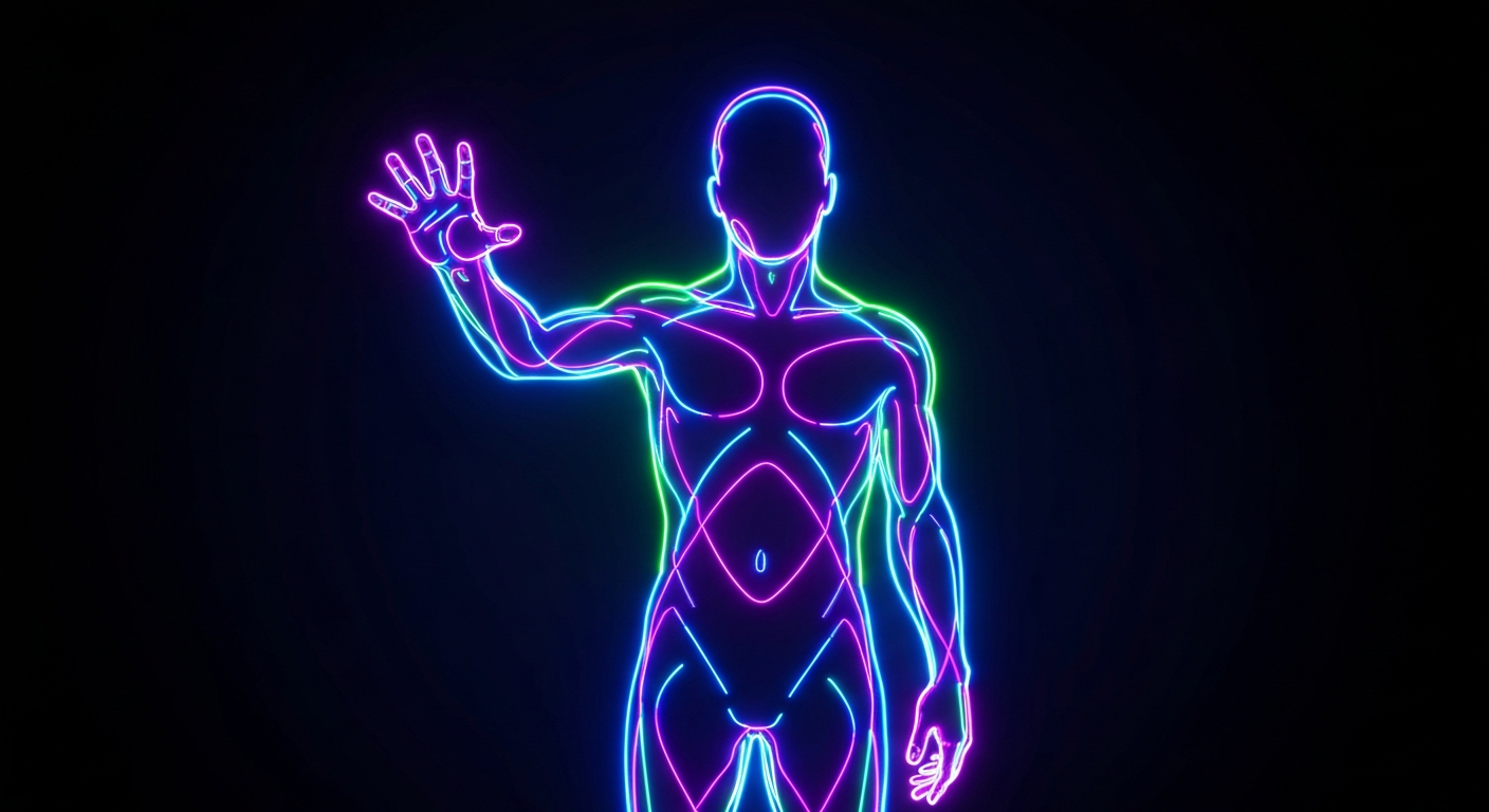 An abstract illustration using vibrant neon lines to depict a human figure reaching out, symbolizing the mental health challenges faced by veterans and the need for innovative support systems.