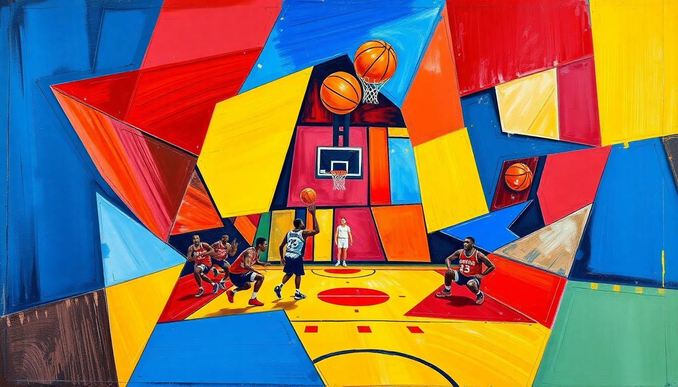 A fractured, cubist-style painting depicting the action of a basketball game, with players and the court broken down into sharp, overlapping geometric shapes and planes in a vibrant color palette, conceptually representing the strategic challenges faced by the Warriors in managing their star player's return from injury.
