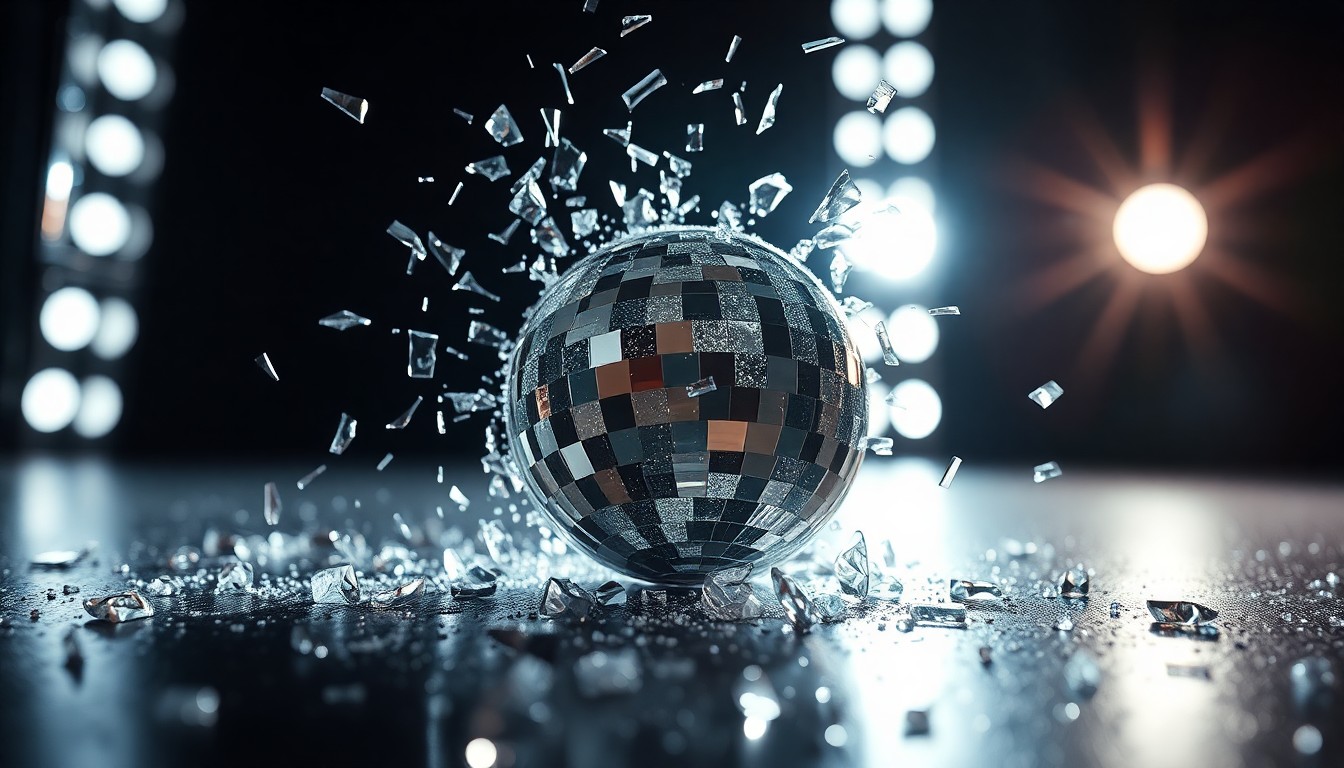 An extreme close-up of shattered glass fragments in a kaleidoscope of reflective colors, conceptually representing the glamour and intensity of the entertainment industry that Fiona Dourif has embraced on her journey to stardom.