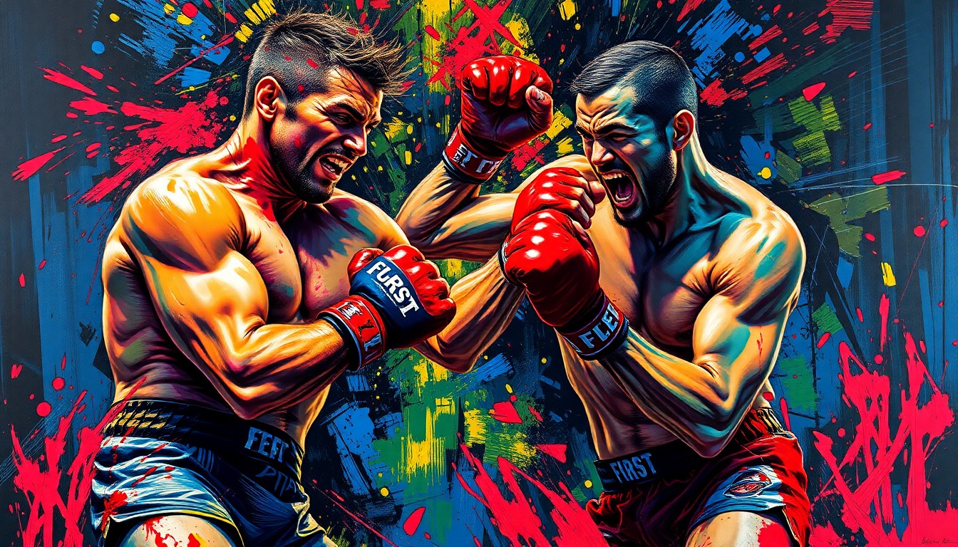 An abstract, expressionist painting featuring two figures engaged in a violent, bloody MMA fight, with vibrant neon colors and rapid brushstrokes capturing the raw energy and intensity of the action.