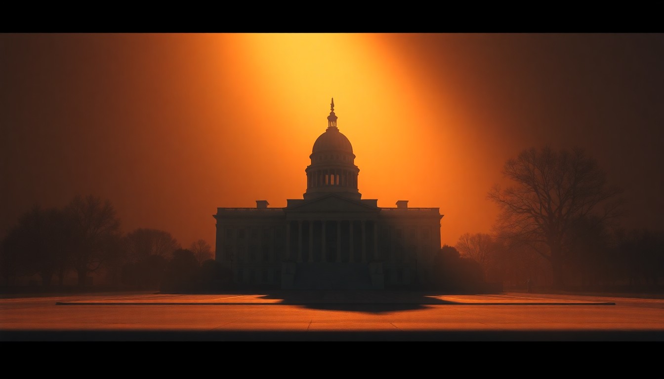 A serene, cinematic painting depicting a solitary government building or political figure in a state of quiet contemplation, with warm sunlight casting deep shadows across the scene, conveying a sense of uncertainty and transition in the regional power dynamics.