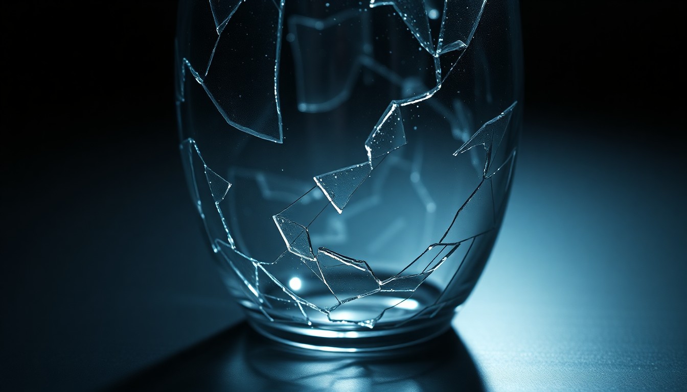 An abstract close-up photograph of a shattered glass tumbler reflecting a single beam of light, conveying the fragility and personal journey of sobriety.