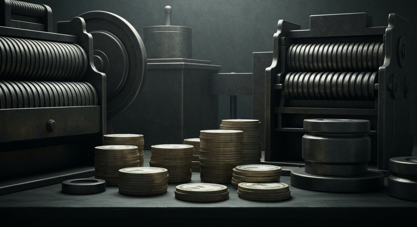 An extreme close-up of heavy, industrial banking equipment and mechanisms, conveying the tangible power and security of financial institutions without depicting any literal currency or symbols.