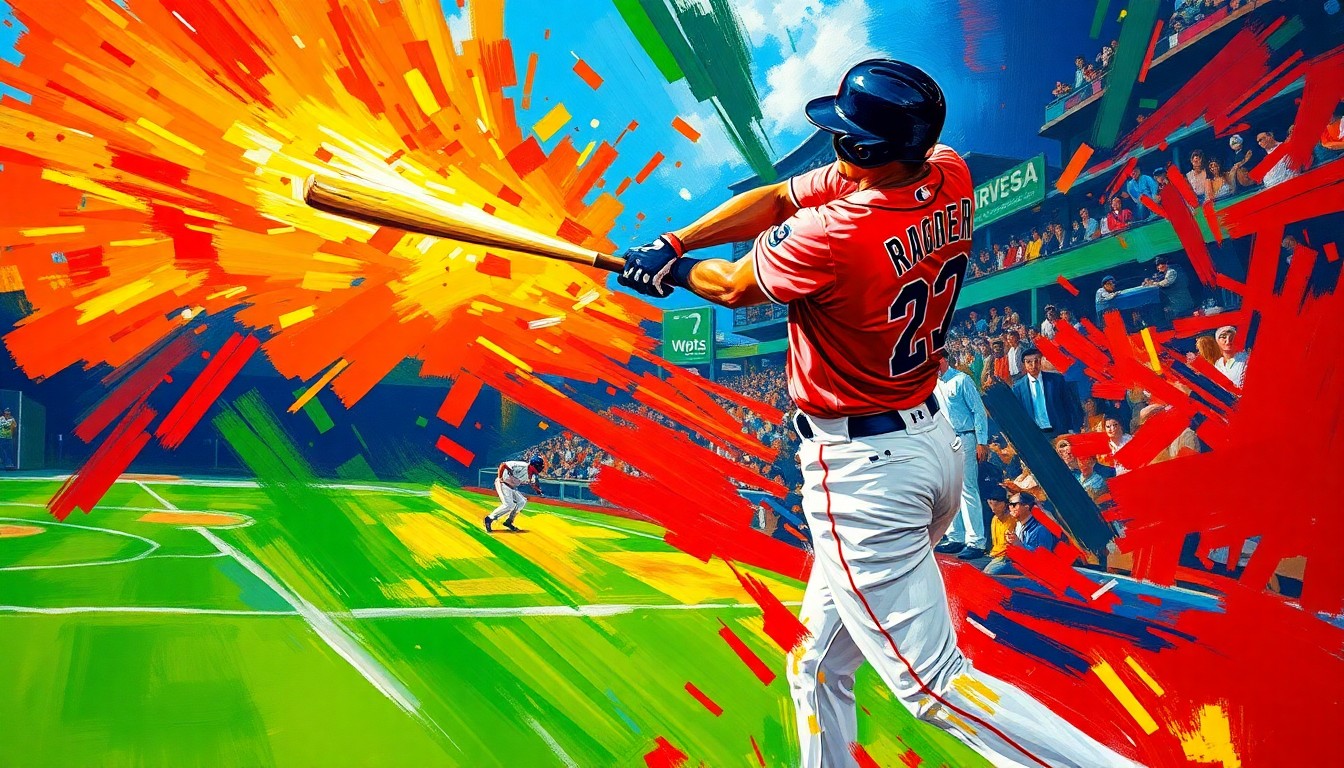 An extreme close-up of Xander Bogaerts mid-swing, his bat a blur of motion against a backdrop of vibrant neon colors and expressive brushstrokes, capturing the raw energy and excitement of his game-winning home run.