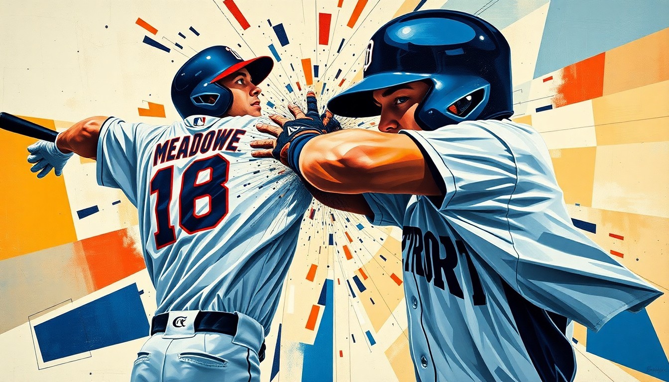 A cubist-style painting depicting the collision between Detroit Tigers players Parker Meadows and Riley Greene, with their bodies and the baseball field broken down into sharp, overlapping geometric shapes and planes in a fractured, multi-perspective composition.
