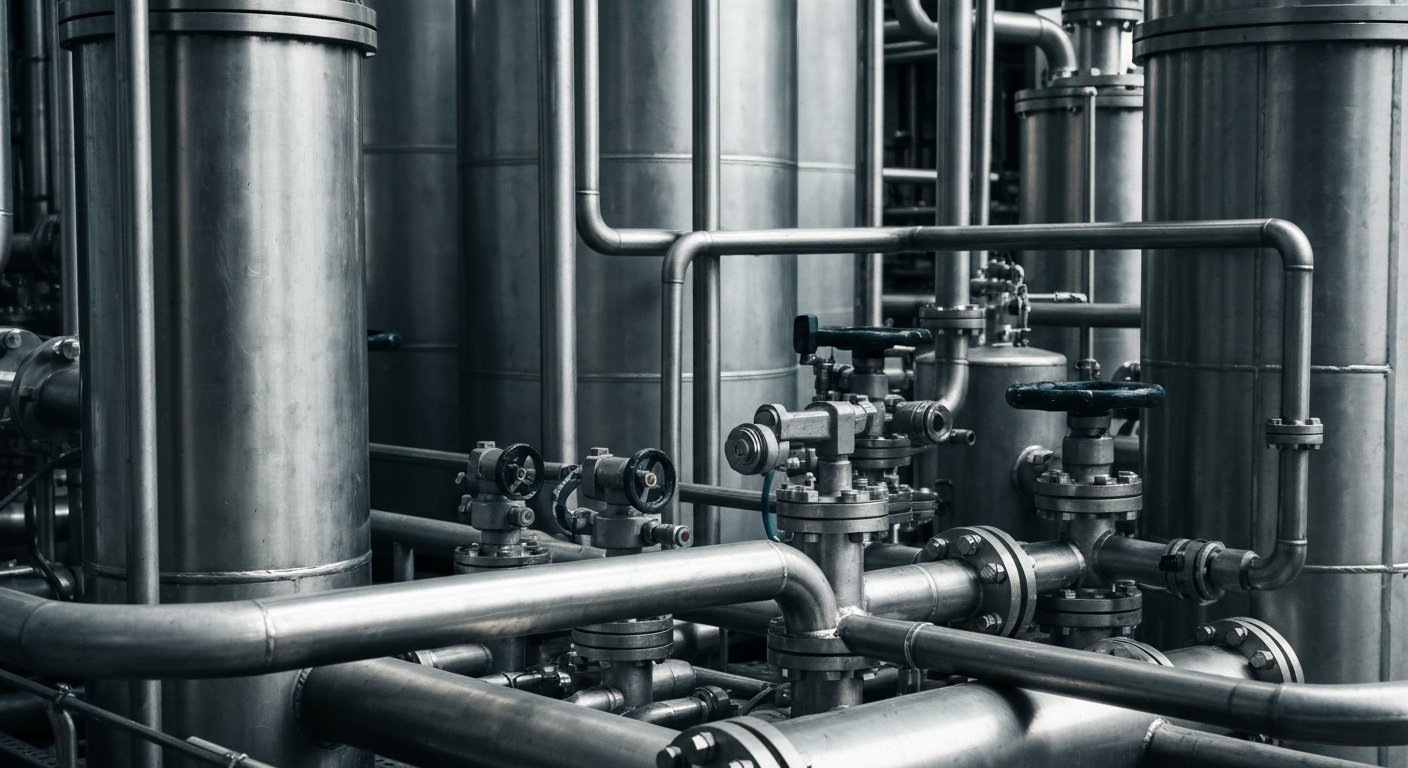 A dramatic close-up of the intricate, metallic machinery and equipment used in biofuel production, conveying the scale and complexity of the industrial processes behind renewable energy.