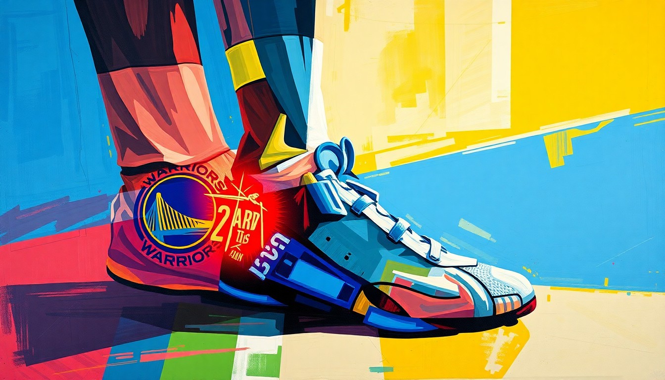 A cubist, multi-perspective painting depicting a basketball player's ankle in a twisted, fragmented state, with sharp geometric planes in the team colors of the Warriors and Lakers, conveying the severity and impact of the injury.