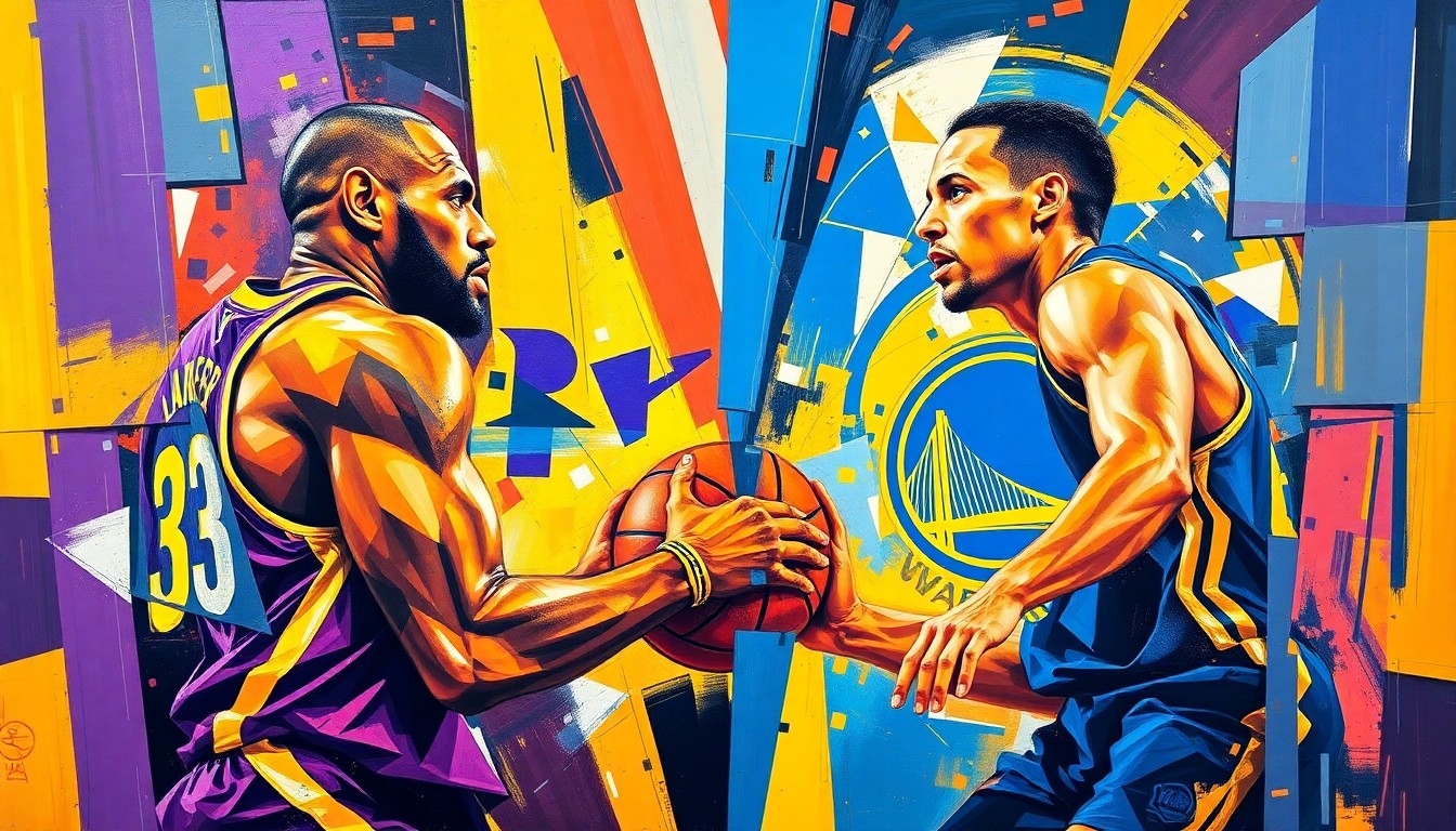 A fractured, cubist-style painting depicting the dynamic movements and energy of a basketball game between two players, their forms broken down into sharp, overlapping geometric shapes and planes of vibrant color.