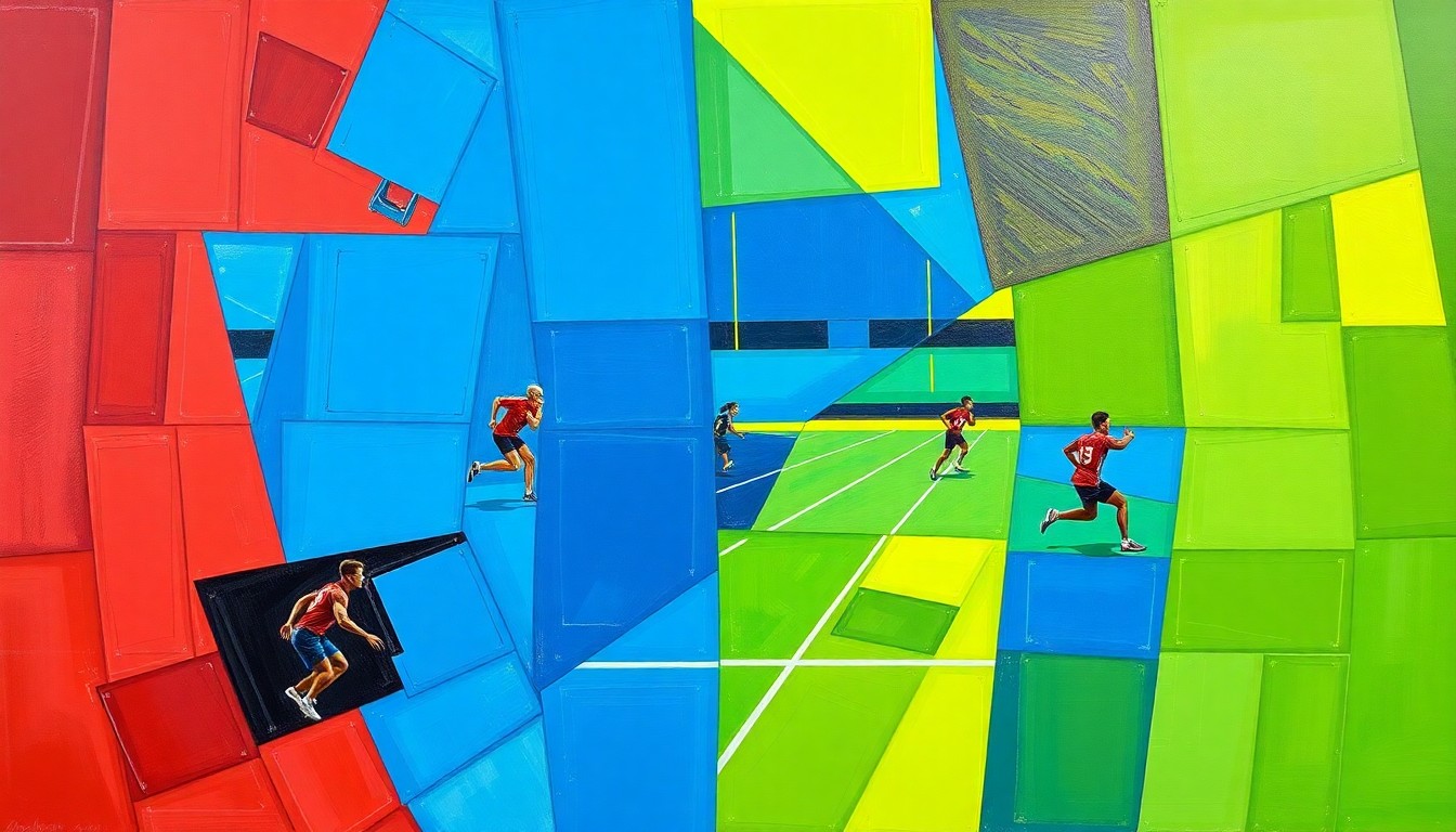 A fragmented, geometric painting depicting the motion and energy of a high school track and field competition, with overlapping planes of bright, vibrant colors.