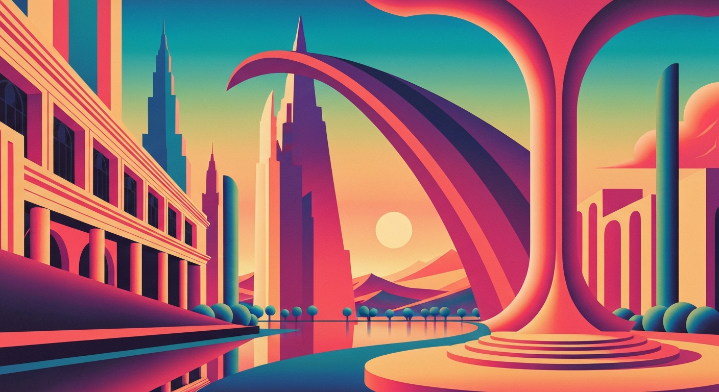 A highly stylized, geometric illustration depicting the exterior of a historic church building in bold, sweeping lines and gradients, capturing the grand scale and romantic essence of this unique vacation rental property.