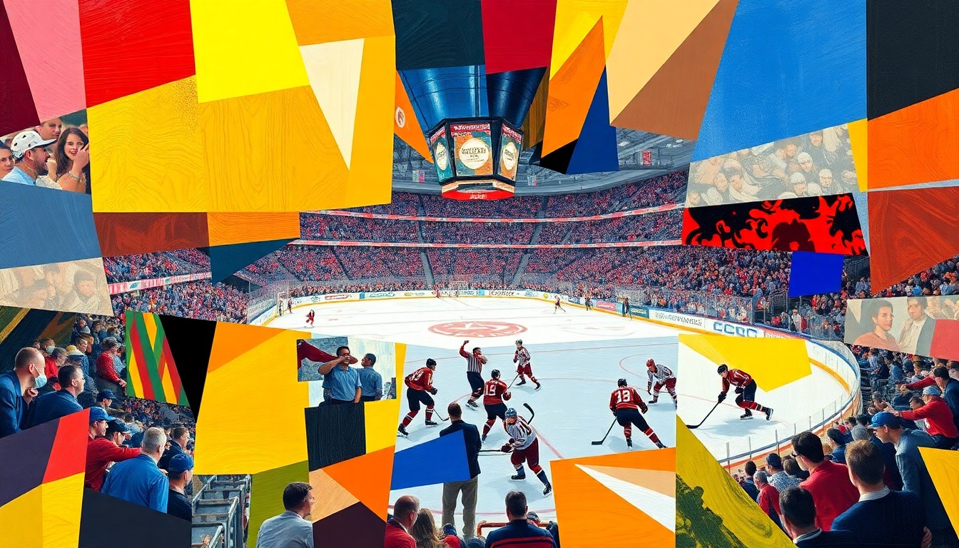 A cubist, geometric painting depicting the action and energy of a college hockey championship game, with the competing teams' colors and the arena setting fractured into overlapping planes of color and shape.