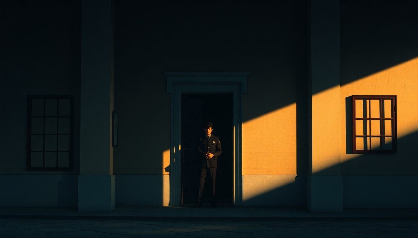 A cinematic painting depicting a lone immigration officer standing in the doorway of a government building, the scene bathed in warm, diagonal sunlight and deep shadows, conveying a sense of quiet contemplation and the need for a more thoughtful, compassionate approach to immigration policy.