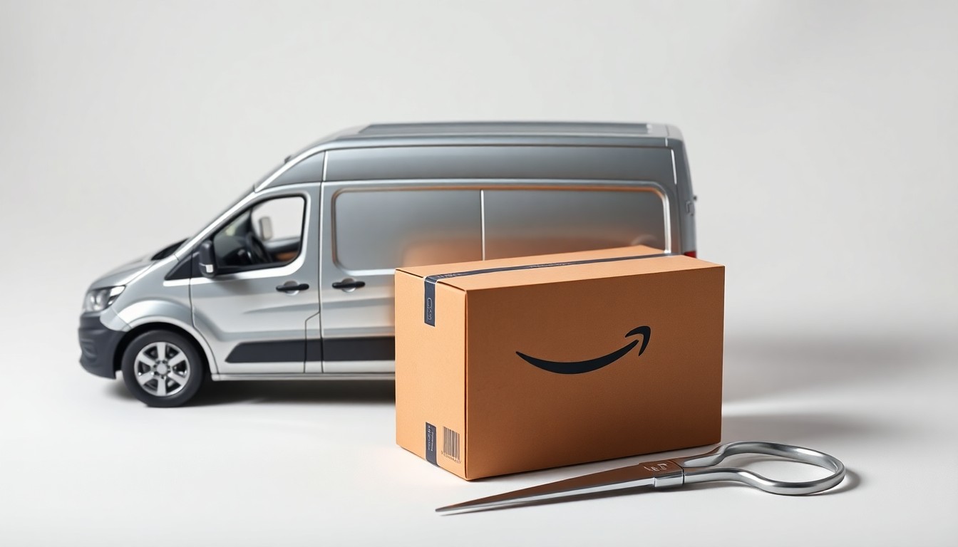 A high-end, photorealistic studio still-life photograph featuring a sleek, silver delivery van model, a cardboard shipping box, and a pair of scissors arranged elegantly on a clean, white seamless background, conceptually representing the speed and precision of Amazon's new one-hour delivery service in Reno.