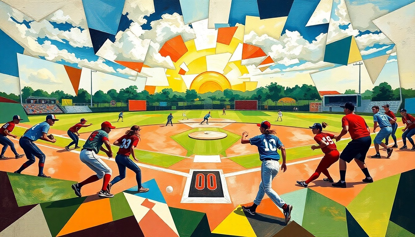 A fragmented, geometric painting depicting a high school softball game, with the players and field reduced to abstract shapes and colors in the style of Pablo Picasso.