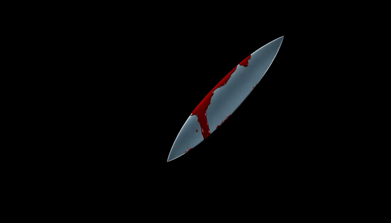 An extreme close-up of a single bloody knife blade, the harsh lighting and dark background creating a stark, gritty, and investigative aesthetic.