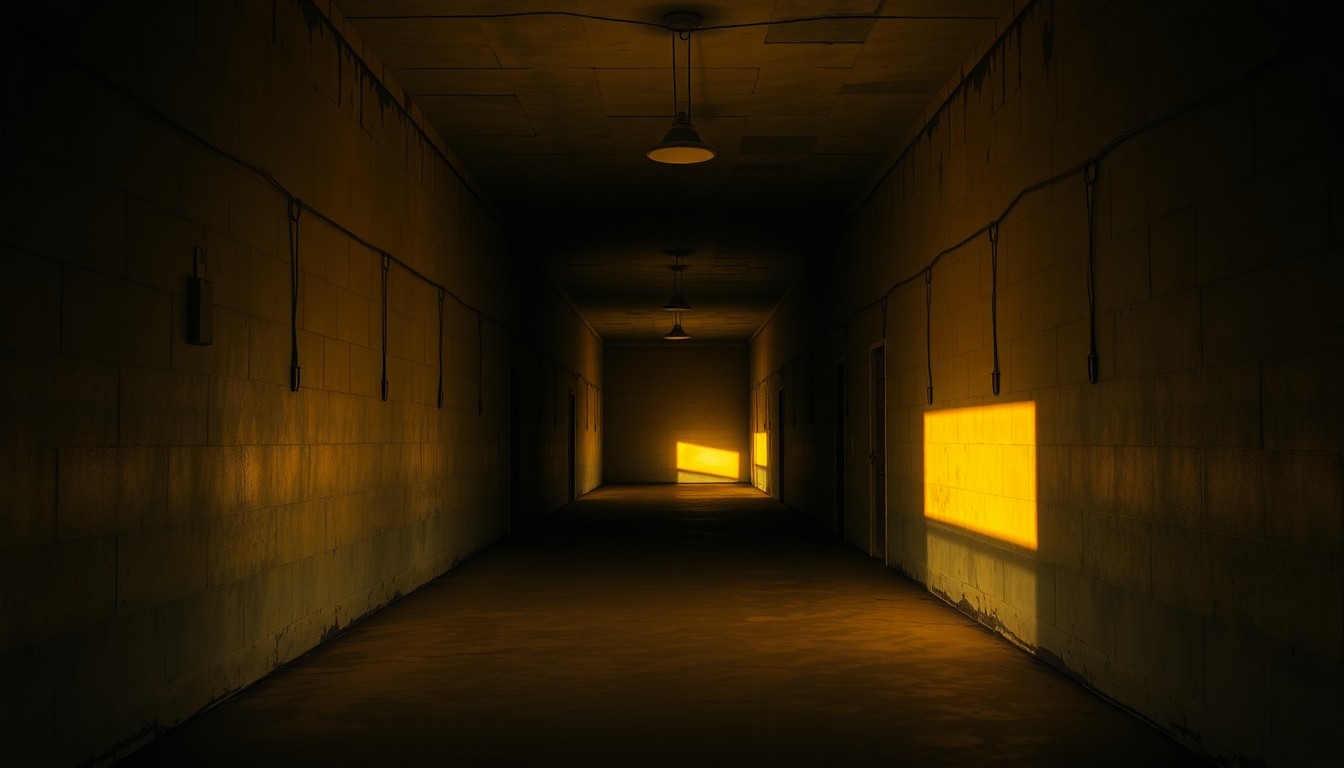 A quiet, dimly lit concrete hallway in an ICE detention facility, with warm diagonal sunlight and deep shadows casting a somber, nostalgic mood, conceptually illustrating the troubling conditions reported by lawmakers.