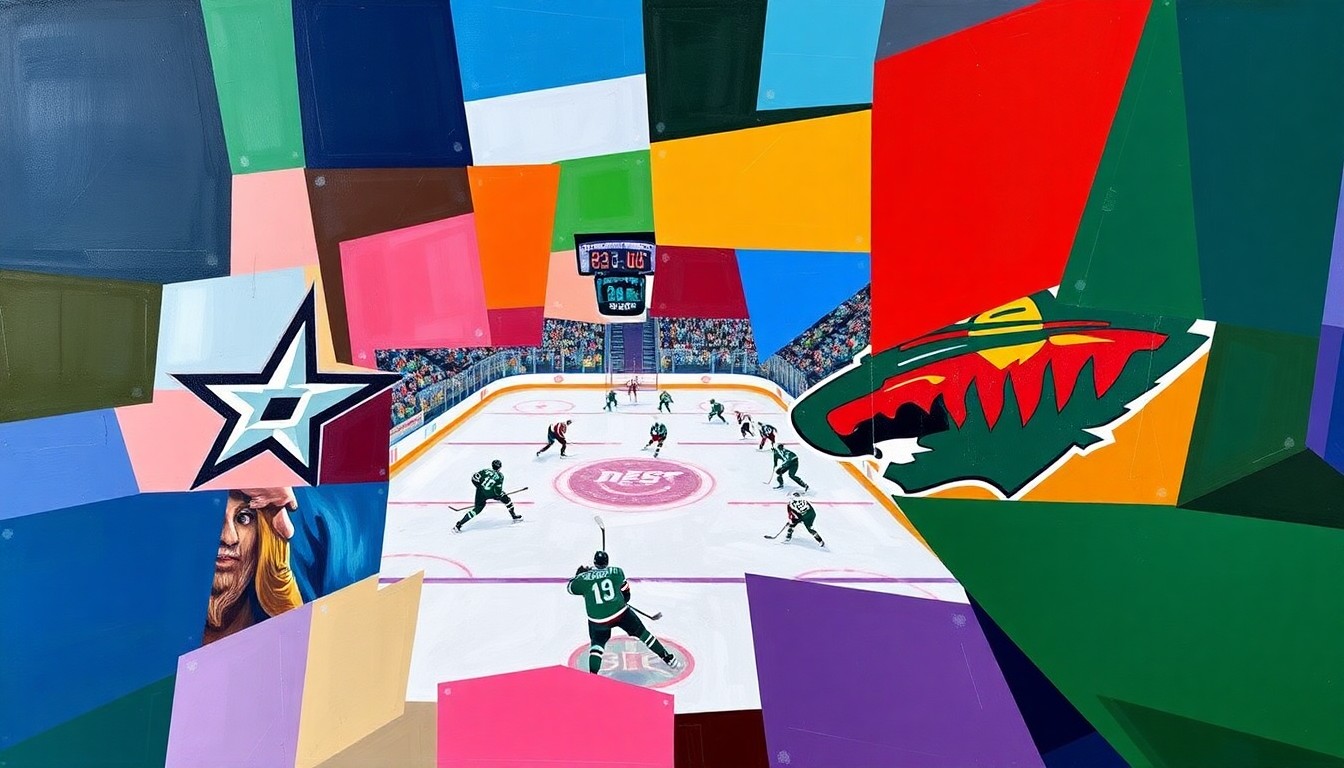 A cubist, geometric painting depicting a hockey game between the Dallas Stars and Minnesota Wild, with the players and action on the ice broken down into sharp, overlapping planes of color.