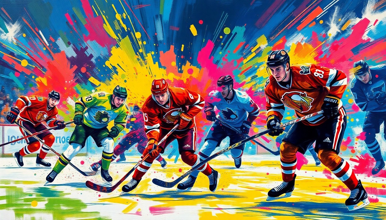 An abstract, energetic painting featuring dynamic brushstrokes and neon colors that capture the intensity and excitement of a professional hockey game.