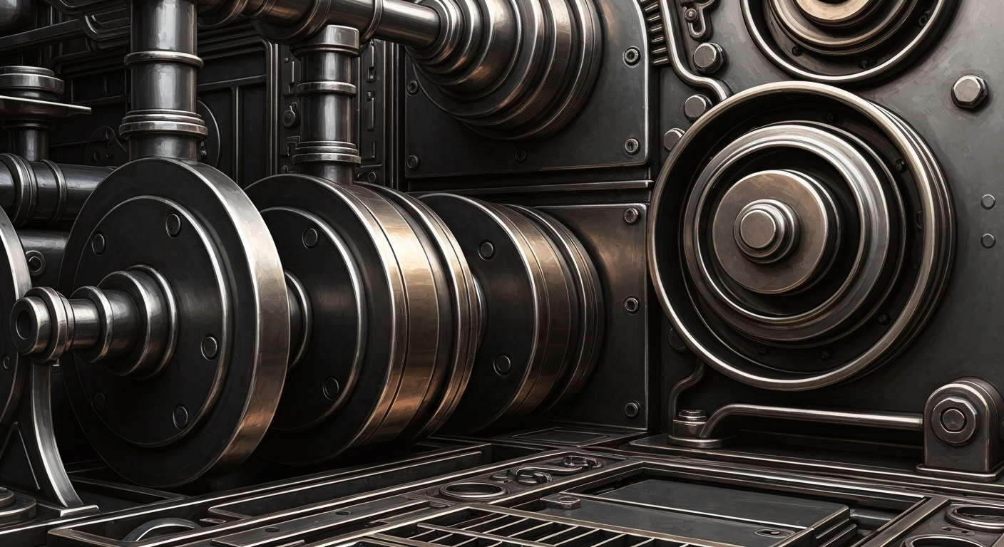 An extreme close-up of intricate, heavy machinery and equipment used in banking and finance, conveying the complex, industrial nature of the financial system as a metaphor for the challenges employers face in prudently managing workers' retirement accounts.