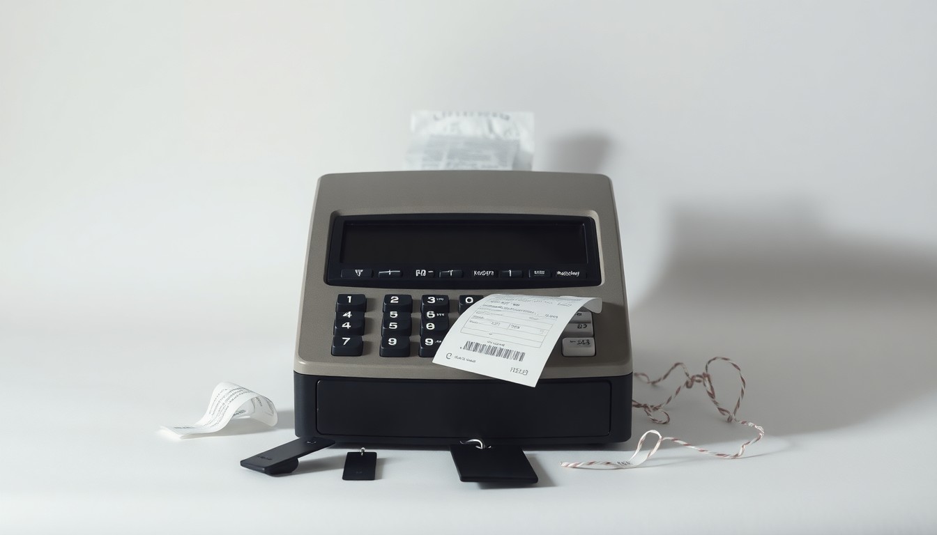 A minimalist studio still life photograph featuring a closed cash register, a crumpled receipt, and a few scattered clothing tags in muted tones, symbolizing the disruption and changes in the retail industry.